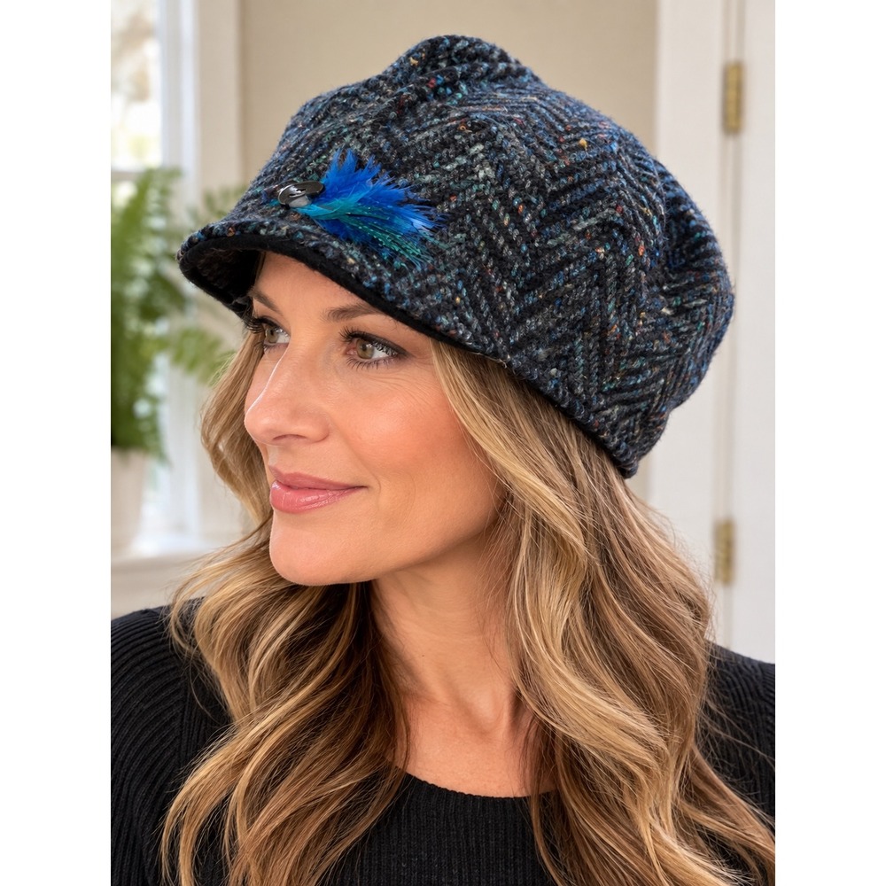 Evelyn the Arty Weaver Ireland Handcrafted Wool Tweed Cloche Hat with Feather